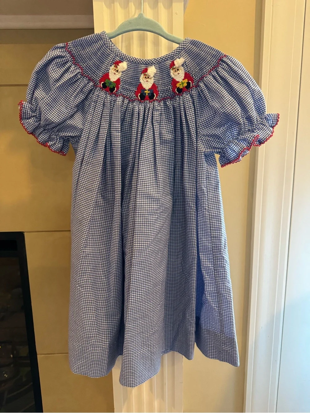 Blue Gingham Smocked Kids Dress with Santa Motif